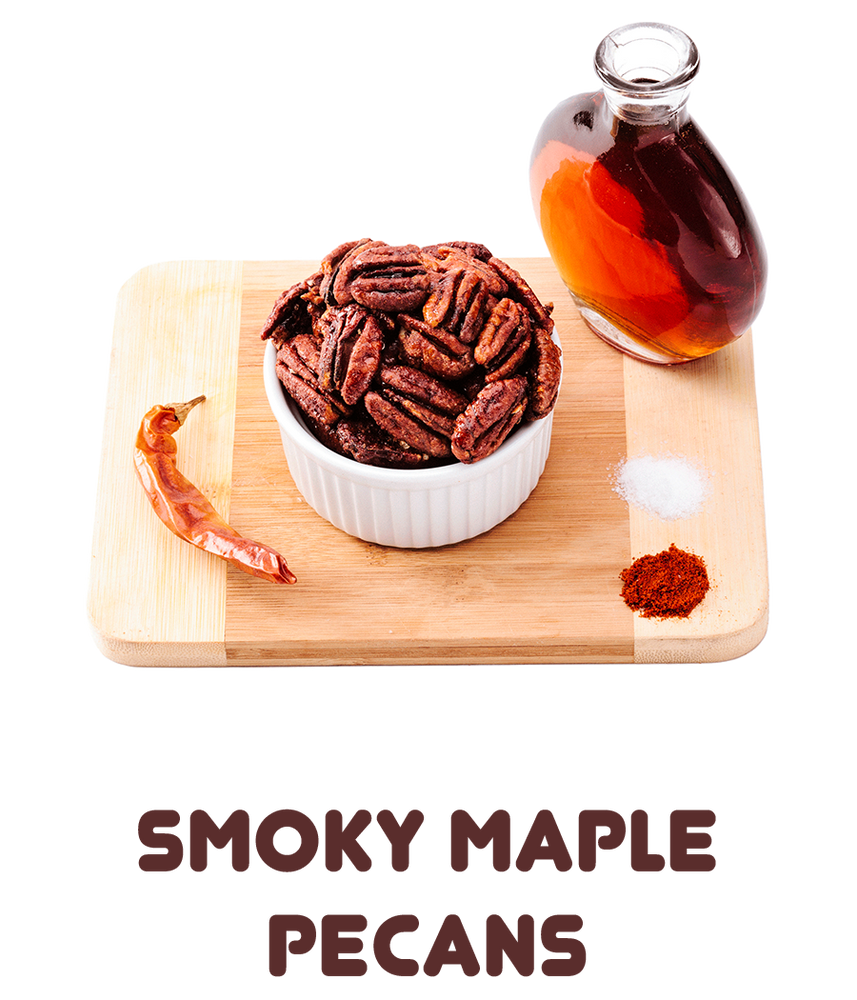 Image of Smoky maple pecans in bowl with text underneath that says smoky maple pecans