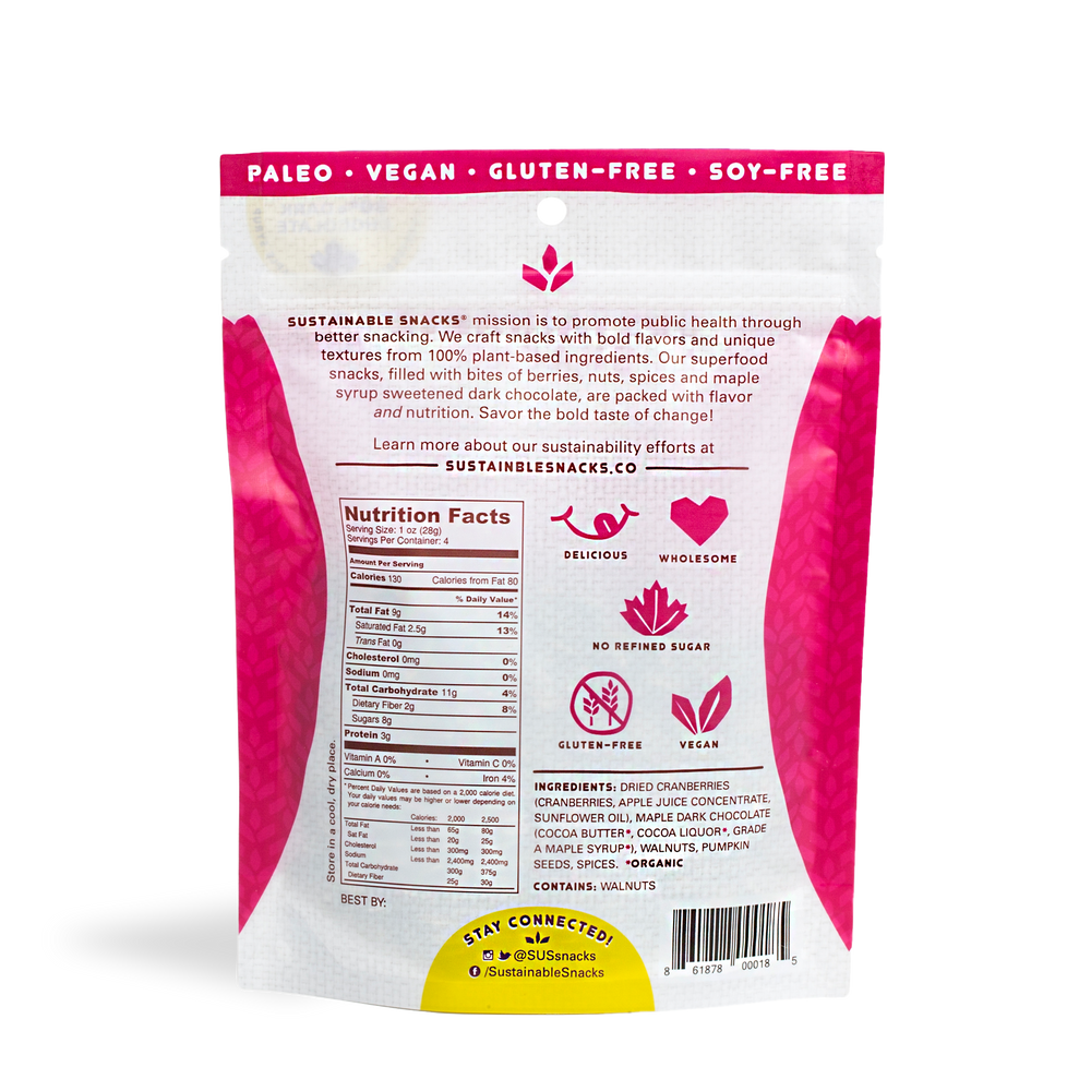 Back of Sustainable Snacks Cranberry and Walnuts chocolate superfood snack 4oz bag