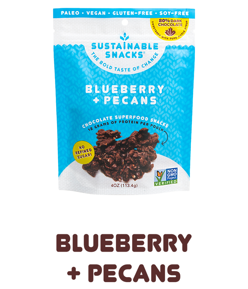 Bag of Blueberry and Pecans Chocolate Superfood snacks by sustainable snacks with text underneath that says "blueberry + pecans"