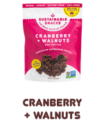 Bag of Cranberry and Walnuts Chocolate Superfood snacks by sustainable snacks with text underneath that says "cranberry + walnuts"
