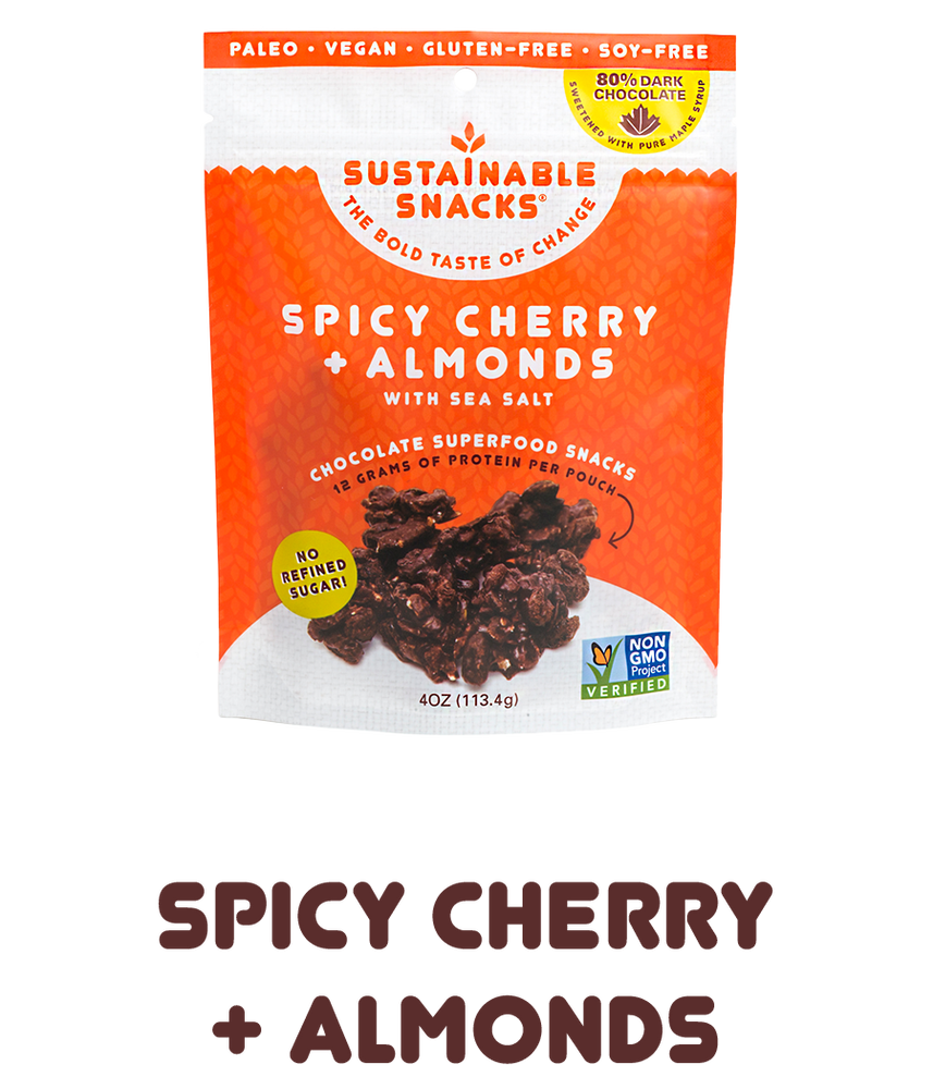 Bag of Spicy Cherry and Almonds Chocolate Superfood snacks by sustainable snacks with text underneath that says "spicy cherry + almonds"