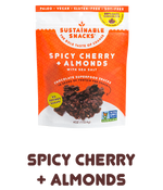 Bag of Spicy Cherry and Almonds Chocolate Superfood snacks by sustainable snacks with text underneath that says "spicy cherry + almonds"