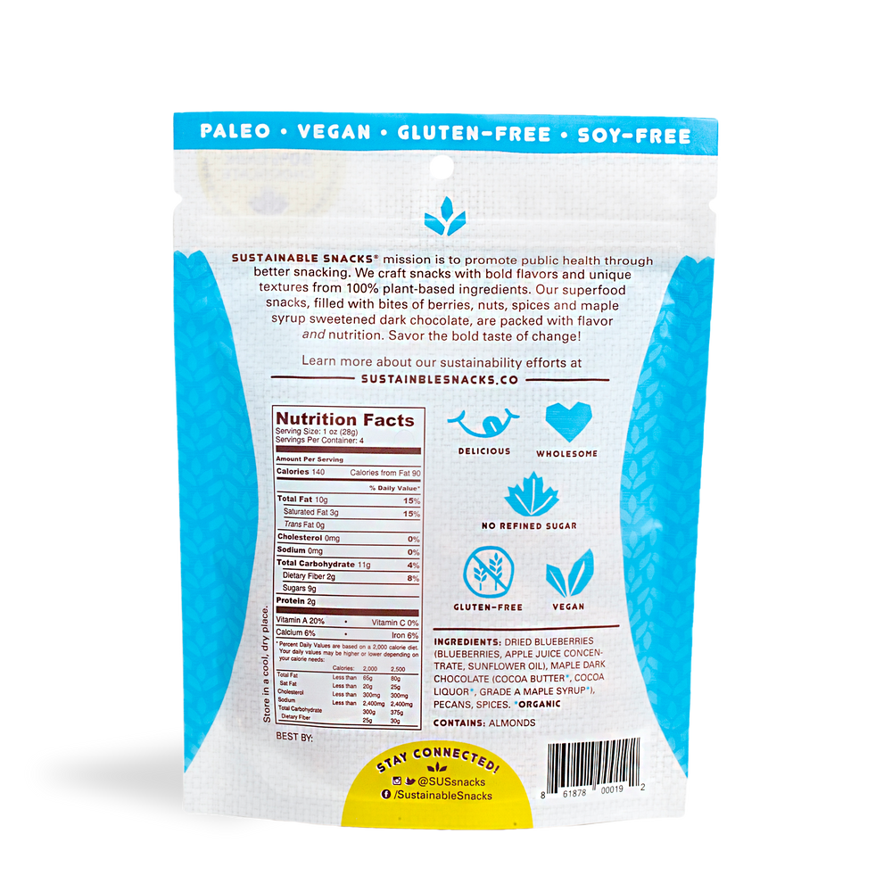 Back of Sustainable Snacks Blueberry and Pecans chocolate superfood snack 4oz bag