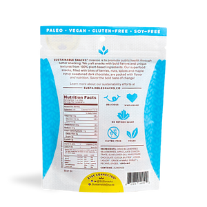 Back of Sustainable Snacks Blueberry and Pecans chocolate superfood snack 4oz bag