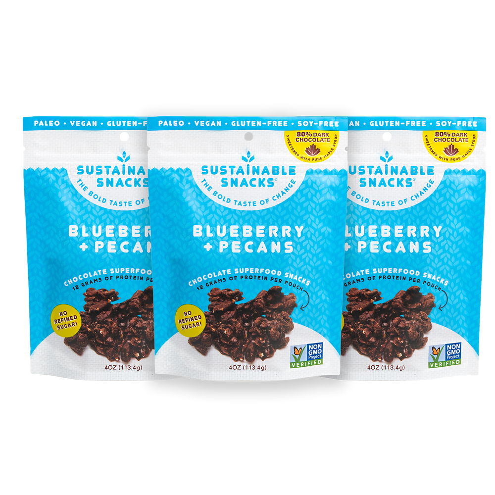 Three Sustainable Snacks Blueberry and Pecans chocolate superfood snack 4oz bags