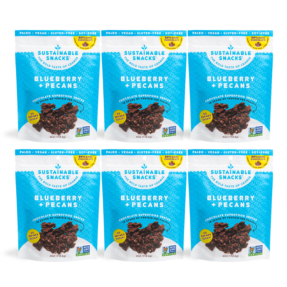 Six Sustainable Snacks Blueberry and Pecans chocolate superfood snack 4oz bags