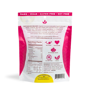 Back of Sustainable Snacks Cranberry and Walnuts chocolate superfood snack 4oz bag
