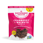 Front of Sustainable Snacks Cranberry + Walnut bag. At the top of the bag it says Paleo, Vega, Glute-Free, and Soy-free