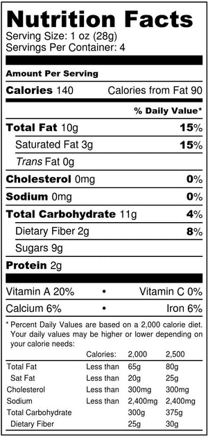 Blueberry + Pecans nutrition facts label