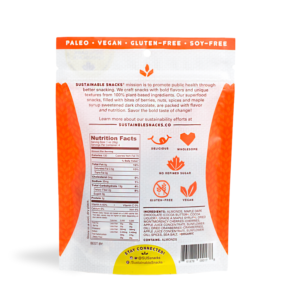 Back of Sustainable Snacks Spicy Cherry and Almonds chocolate superfood snack 4oz bag