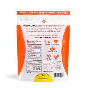 Back of Sustainable Snacks Spicy Cherry and Almonds chocolate superfood snack 4oz bag