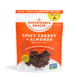 Front of Sustainable Snacks Spicy Cherry and Almonds chocolate superfood snack 4oz bag