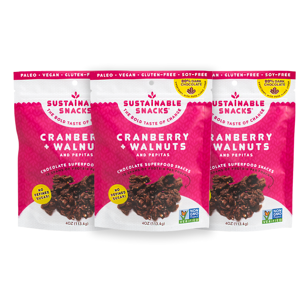 Three Sustainable Snacks Cranberry and Walnuts chocolate superfood snack 4oz bags