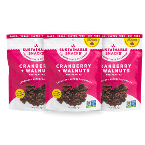 Three Sustainable Snacks Cranberry and Walnuts chocolate superfood snack 4oz bags