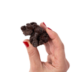 Hand holding cluster of chocolate superfood snacks Sustainable Snacks with white background