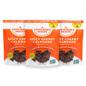 Three Sustainable Snacks Spicy Cherry and Almonds chocolate superfood snack 4oz bags