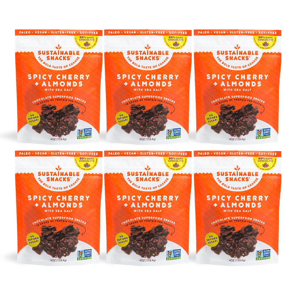 Six Sustainable Snacks Spicy Cherry and Almonds chocolate superfood snack 4oz bags